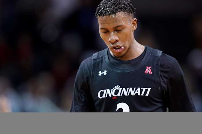 Cincinnati Bearcats guard Landers Nolley II (2) walks back on defense after a Northern Kentucky Norse basket in the second half during a college basketball game, Wednesday, Nov. 16, 2022, at Truist Arena in Highland Heights, Ky. The Northern Kentucky Norse won, 64-51. Cincinnati Bearcats At Northern Kentucky Norse Nov 16 0145